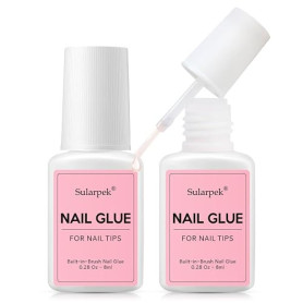 Sularpek 2Pcs Colle Faux Ongles, 8ml Colle à Ongles Extra Forte avec Brosse, Séchage Rapide Professionnel Colles pour Ongles Acr