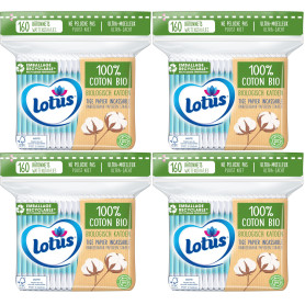 Lotus Coton-Tiges en Papier et Coton Bio - Sachet 160 Bâtonnets (Lot de 4)