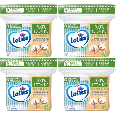 Lotus Coton-Tiges en Papier et Coton Bio - Sachet 160 Bâtonnets (Lot de 4)