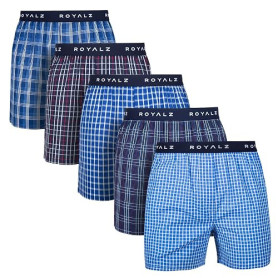 ROYALZ Caleçon Homme Coton 100% (Lot de 5) Boxer Americain Calecon Parachute sous-Vêtements Plaid Blue Classique
