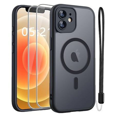 ANLYGOLD Magnétique Coque pour iPhone 12 avec 2 Verre Trempé et Cordon, Compatible avec MagSafe, [Protection d'objectif Tout Com