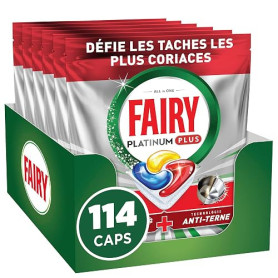 Fairy Platinum Plus Tablettes Lave-vaisselle Tout-en-1 Parfum Citron x114 | (19x6). Technologie anti-terne. Redonne l'éclat. Pré