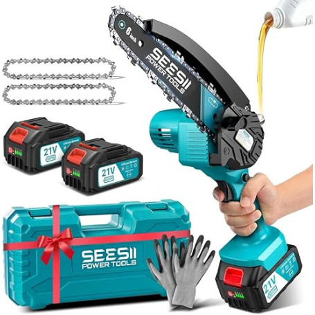 SEESII Mini Tronçonneuse à Batterie 2x4000mAh, 6 Pouces Tronçonneuse Électrique sans Fil avec Injecteur de Lubrifiant et Chaîne