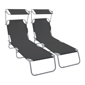 vounot® Lot de 2 Chaise Longue avec Pare Soleil Bain de Soleil Pliable Tissu Polyester Inclinable 4 Positions Transat Charge Max