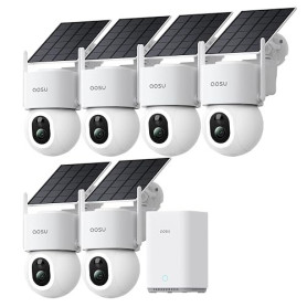 aosu D1 Max 4K 8MP Camera Extérieure sans Fil Solaire, 360° PTZ, AI + PIR | Sans Abonnement Requis, Kit 6 Caméras + aosuBase 32