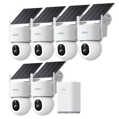 aosu D1 Max 4K 8MP Camera Extérieure sans Fil Solaire, 360° PTZ, AI + PIR | Sans Abonnement Requis, Kit 6 Caméras + aosuBase 32