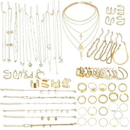 UJBVCX 73PCS Parure Bijoux Femme, Bracelet Femme, Bagues, Collier Femme Or, Ear Cuff, Boucles d'Oreilles Créoles, Lot de Fantais