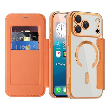 SIYOPINPFY Coque Magnétique pour iPhone 17 Pro Max Étui à Rabat, Orange JD | Compatible avec MagSafe, RFID Blocage, Dos Transpar