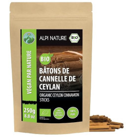 Alpi Nature Cannelle de Ceylan BIO en Bâtons 250g, Bâtons de Cannelle 80 mm, Environ 29-31 par Sachet