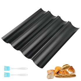 Baguette mold 4 empreintes, acier carbone antiadhésif pour four | Moule à baguette 38x32,5 cm pour préparer 4 baguettes maison,