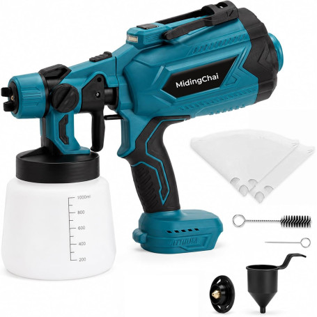 MidingChai Pistolet a Peinture sans Fil 1000 ML, pour Batterie Makita 18V | Buse en laiton, Écran d'Affichage Numérique, Éclaira