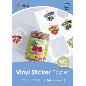 A-SUB Papier autocollant en vinyle imprimable imperméable de qualité supérieure blanc brillant, étiquettes autocollantes en viny
