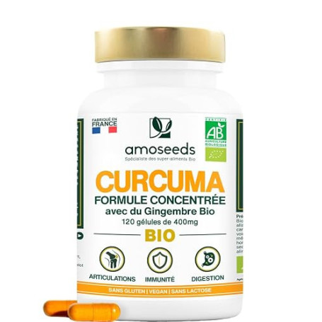 Curcuma BIO Haute Absorption | + Gingembre | 87% Curcumine | 120 gélules | Sans Poivre Noir | Extraits Concentrés | Articulation