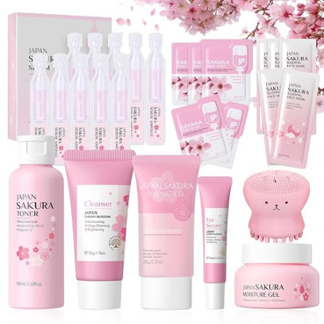 26 Pièces Sakura Ensemble de Soins de la Peau,Sakura Kit de Soin du Visage | avec Nettoyant pour le Visage/Tonique/Essence/Appar