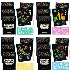 BONNYCO Carte a Gratter Enfant 16 Sets Cadeau Anniversaire Enfants Invites | Carnet, Pochoir et Stylet en Bois Inclus. Jouet Pin