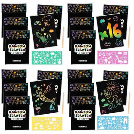 BONNYCO Carte a Gratter Enfant 16 Sets Cadeau Anniversaire Enfants Invites | Carnet, Pochoir et Stylet en Bois Inclus. Jouet Pin