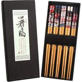 DERAYEE Baguettes Japonaises, Baguette Chinoise en Bambou - 5 Paires | Réutilisables, Durable, Avec Chats Chanceux, Pour Sushi C