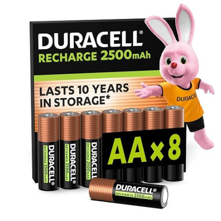 DURACELL Rechargeables Piles AA (Lot de 8) 1.2V, 2500 mAh, NiMH | Pré-chargées - Piles Rechargeables AA Haute Capacité - Pour Ma