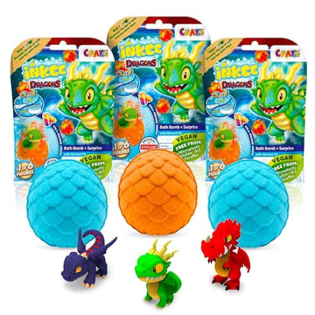 INKEE Surprise Dragons Lot de 3 bombes de bain pour enfants avec surprise | Bombes de bain pour enfants au parfum cola-orange ,