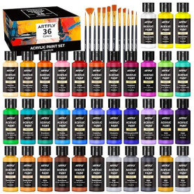 ARTFLY Peinture Acrylique Kit, 36 Couleurs × 60ml, avec 12 Pinceaux, Non Toxique, Riche Pigmentée, Peintures pour Débutant et Ar