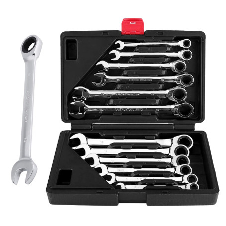 Clés à cliquet en chrome vanadium à tête fixe, Lot de 12 | Mécanisme 72 dents retour 5°, couverture 8-19mm, outil de serrage pou