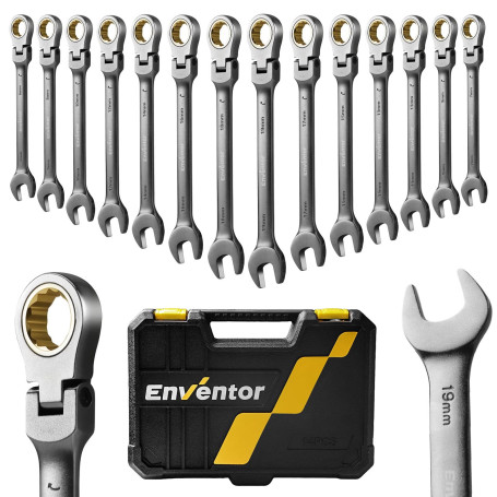 Enventor Jeu de Clés à Cliquet 14 Pièces, Tête Flexible 180°, 6–19 mm | 90 Dents, Angle de Travail 4°, Acier Cr-V avec Revêtemen
