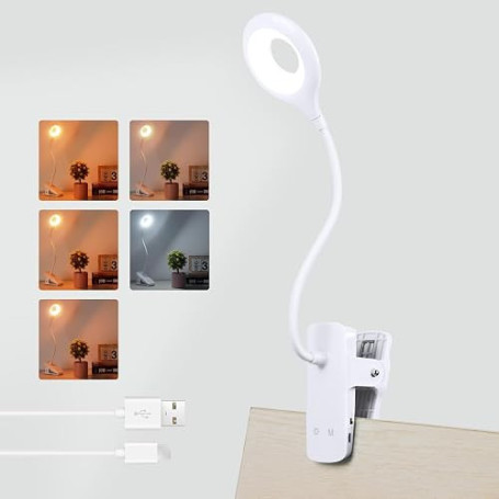 Akynite 3W Lampe de Lecture au Lit Rechargeable à Pince, Type C Charge, 5 Couleur et 5 Intensité, Lampe de Chevet Tactile sans F