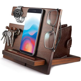Cadeau Original Noël Utile Organisateur de Bureau Bois et Station de Recharge Monnaie Montre Support Telephone Cadeaux Anniversa