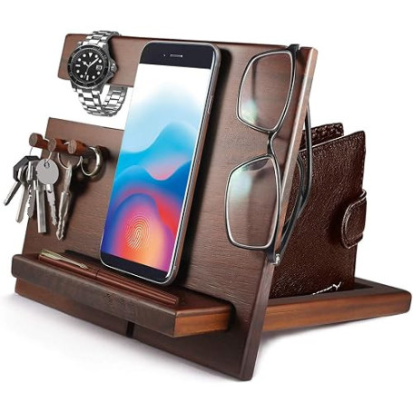 Cadeau Original Noël Utile Organisateur de Bureau Bois et Station de Recharge Monnaie Montre Support Telephone Cadeaux Anniversa