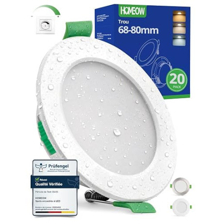 HOMEOW Lot de 20 Spot LED Encastrable Dimmable Trou 68mm - 80mm 5W 400LM | Spot de Plafond Blanc Chaud 2700K Blanc Neutre 4000K