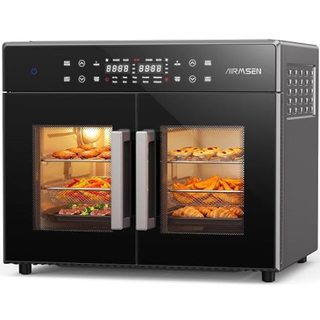 AIRMSEN Four Friteuse Sans Huile Double Porte, 10-en-1 multifonction, 30L | Tournebroche automatique 360°, four à convection, pl