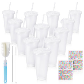 12Pièces Reutilisable Gobelet Plastique avec Couvercle et Paille 710ML 24OZ | avec Brosse à Tasse Autocollant Gobelet avec Paill