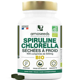 Spiruline + Chlorella BIO | 4500mg / jour, 17% Phycocyanine | 400 comprimés | Séchées à froid | Vitalité, Anti-fatigue, Immunité