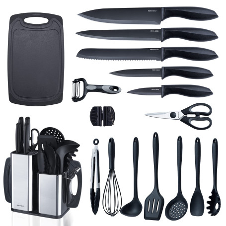 RAXCO Lot de 18 pi¨¨ces couteaux de cuisine avec bloc, ustensiles de cuisine avec set de 5 pi¨¨ces de couteaux et 7 pi¨¨ces de s