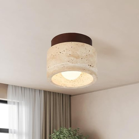 kaixunl 7W Plafonnier en Travertin Jaune Lustre Style Japonais Esthétique Wabi Sabi Lampe Circulaire Luminaire à Lumière Chaude