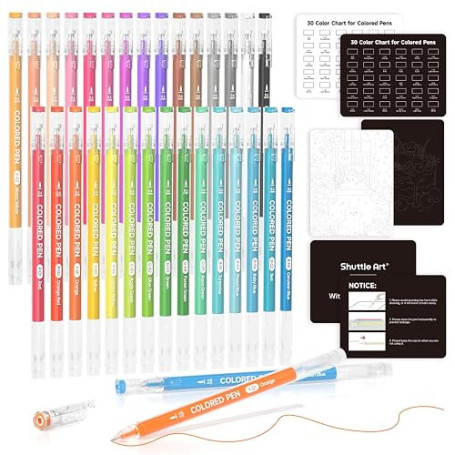 Shuttle Art 30 Stylo Gel Couleur 0,6mm, Stylo Couleur Pointe Fine pour Papier Noir pour Enfant Adulte Coloriage Ecriture Dessin