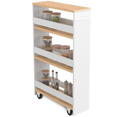 IDMarket - Desserte de cuisine HAGA chariot à épices blanc et bois | Chariot de rangement à 3 étages, h. 80 cm