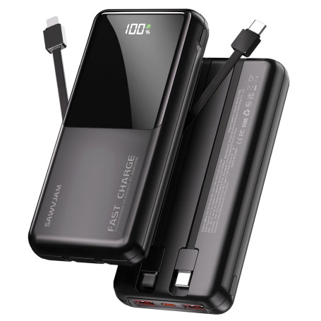 Power Bank Chargeur Portable 20 000 mAh 22,5 W avec câbles intégrés USB-C PD3.0 QC4.0 avec écran LCD pour iPhone 17 16 15 14 13 