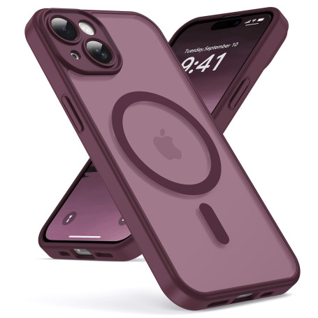 Oududianzi - Magnétique Coque pour iPhone 15 Magsafe Case, Bordeaux | Housse de Arrière Translucide Givrée PC, TPU Silicone Bump