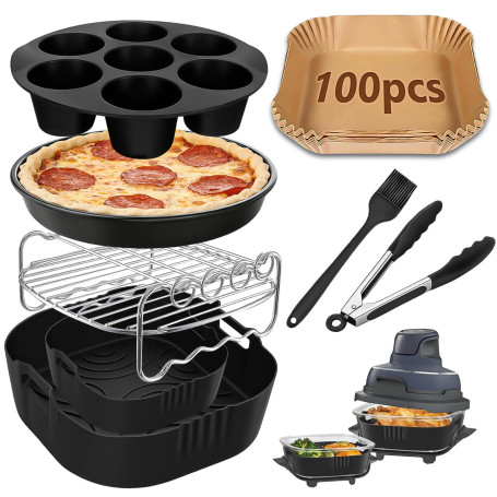 Set de 8 Accessoires Air Fryer pour Ninja CRISPi FN101EU & Pro | Comprend 2 Inserts en Silicone 1,33L & 3,44L, 100 Papiers de Cu