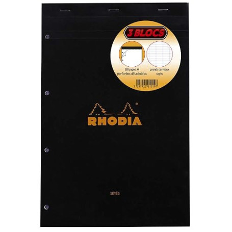 RHODIA 201019C Lot de 3 Bloc N°20 Noir/Orange A4+ Grands Carreaux Perf. 4 T