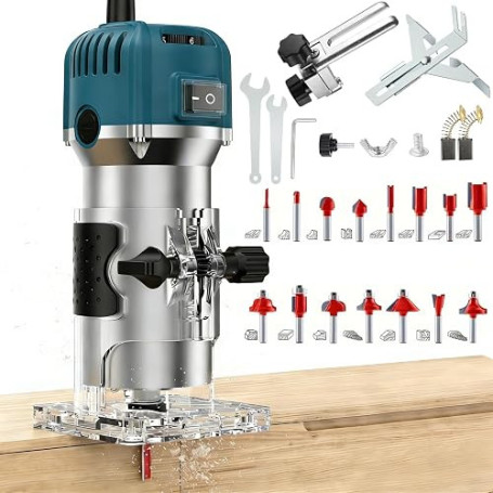 Défonceuse à Bois Affleureuse Électrique 800W 30000RPM,6 Vitesses Variables | Routeur à Bois Électrique avec 15 Fraises à Défonc
