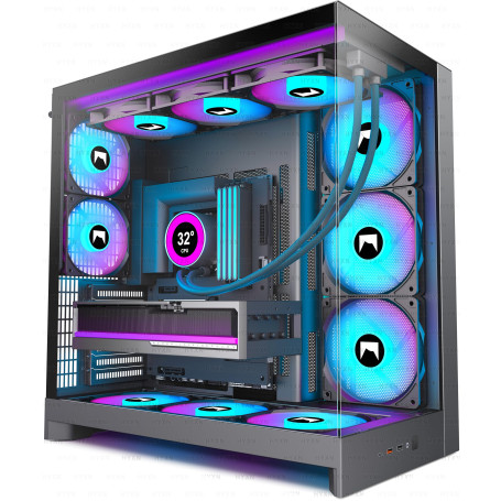 H2(2026)HYXN Boitier PC–Avec 8 Ventilateurs PWM ARGB(6x140mm et 2x120mm)Grand boîtier PC ATX Mid-Tower à Double Chambre pour Flu
