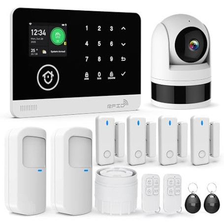 Alarme Maison sans Fil avec Caméra, Système de Sécurité Domestique WiFi/GSM SMS avec Détecteur de Mouvement, Sirène D'alarme 120