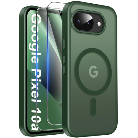 Opkiegrn 3 in 1 Magnétique Coque pour Google Pixel 10A, Vert | Compatible avec MagSafe avec Verre trempé Protection écran, Anti-
