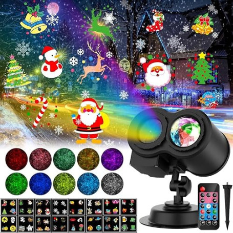 YAZEKY Projecteur Noel Exterieur Interieur, Projecteur LED Extérieur Noël avec 16 Diapositives et 10 Couleurs Océan, Télécommand