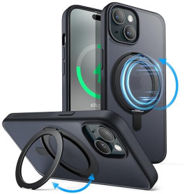 JETech Coque avec Anneau-Support pour iPhone 15, Noir | Compatible avec MagSafe, Rotatif à 360°, Dos Mat Translucide, Support &