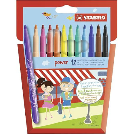 STABILO power - Feutre de coloriage - Étui carton x 12 feutres pointe moyenne - Coloris assortis