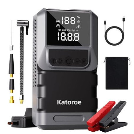 Booster Batterie avec Compresseur, 6000A Démarreur Batterie Voiture, 150PSI Gonfleur de Pneus, 12V Jump Starter, 10L Gaz ou 10L