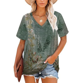NARRAME T-Shirt à Manches Courtes et col en V pour Femme - Tunique décontractée d'été à Rayures S-3XL 34-56